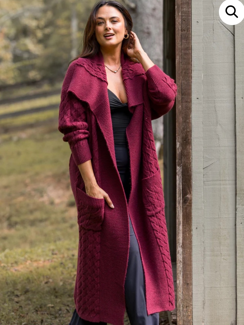 Pink Lily Long Open-Front Cable Knit Cardigan - Burgundy